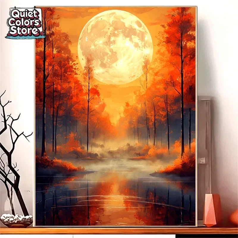 

Adult DIY digital oil painting, forest pattern under the red moon, suitable for home decoration and beginners