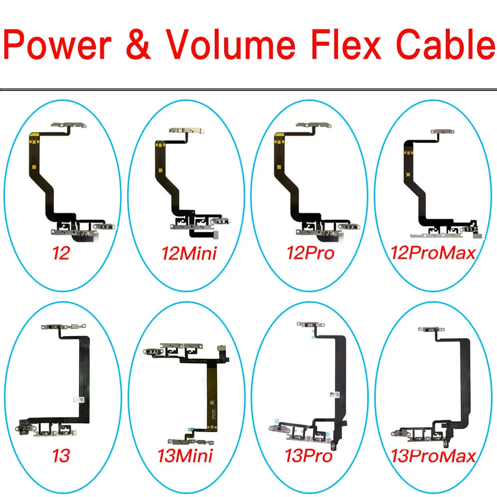 Power Volume Button Flex Cable for iPhone 12 13 Mini Pro Max On/Off Keyboard Ribbon with Metal Bracket Holder Replacement Part