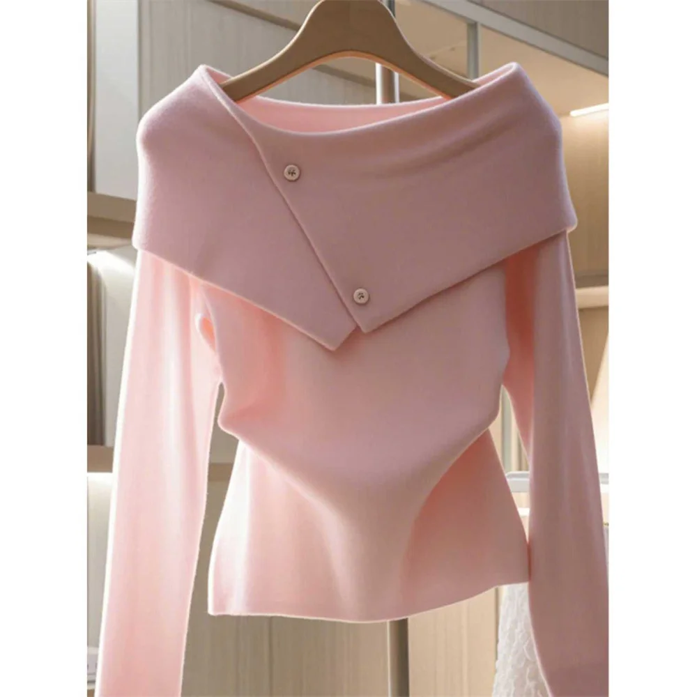 

Irregular Slash Neck Wool Knitting Sweater Women Autumn Winter High Quality Pink Knit Pullover French Button Soft Slim Knitwears