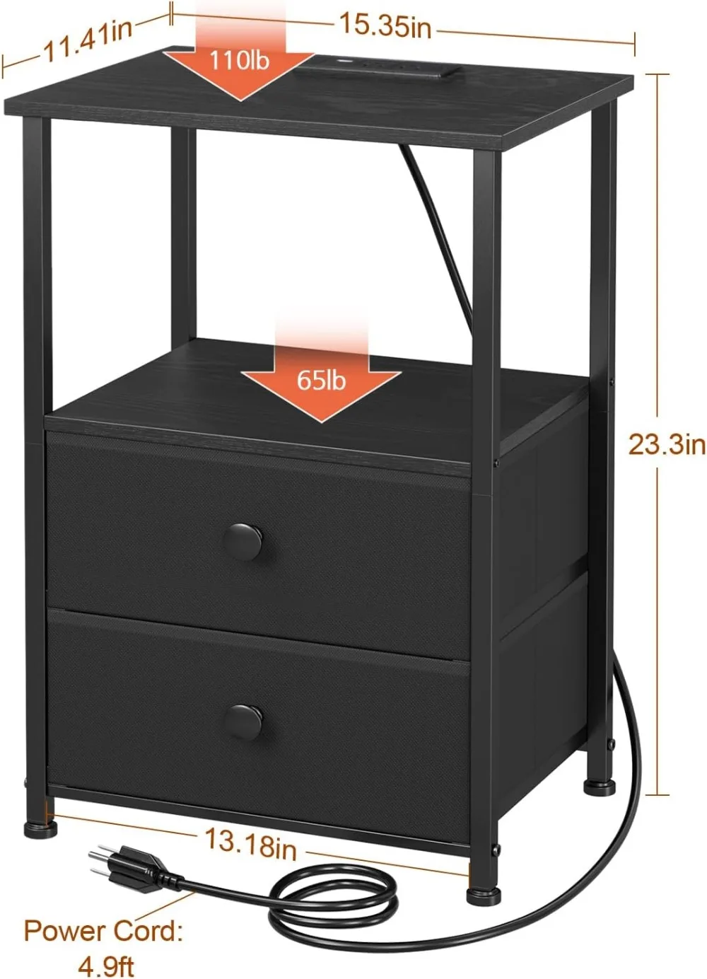 طقم منضدة LED مكون من قطعتين مع قاعدة شحن وتخزين، وطاولة بجانب السرير حديثة للمساحات الصغيرة باللون الأسود