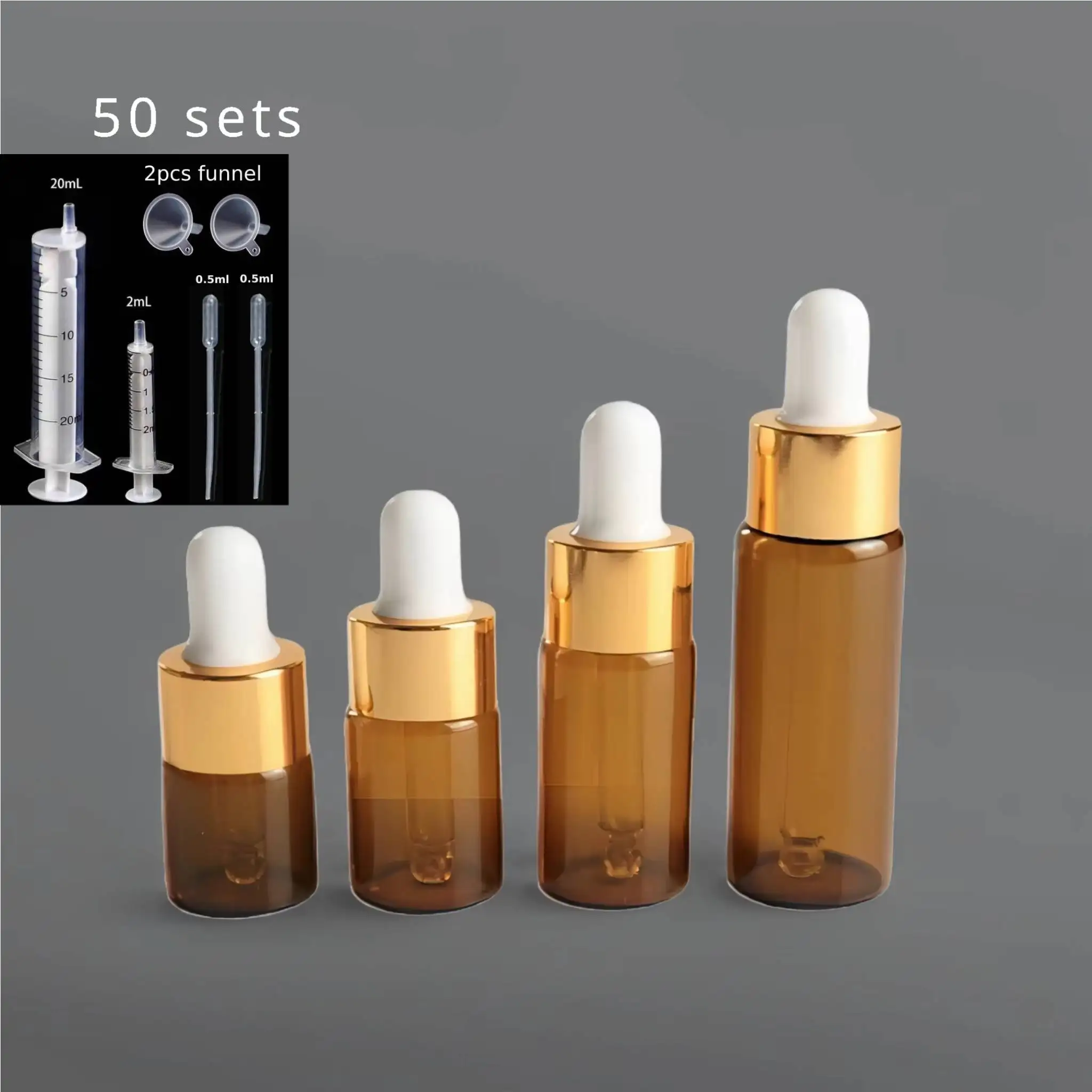 50 Sets of 1/2/3/5ml Mini Amber Glass Sample Bottles Vials for Small Test Essential Oil Bottles with Glass Eye Droppers