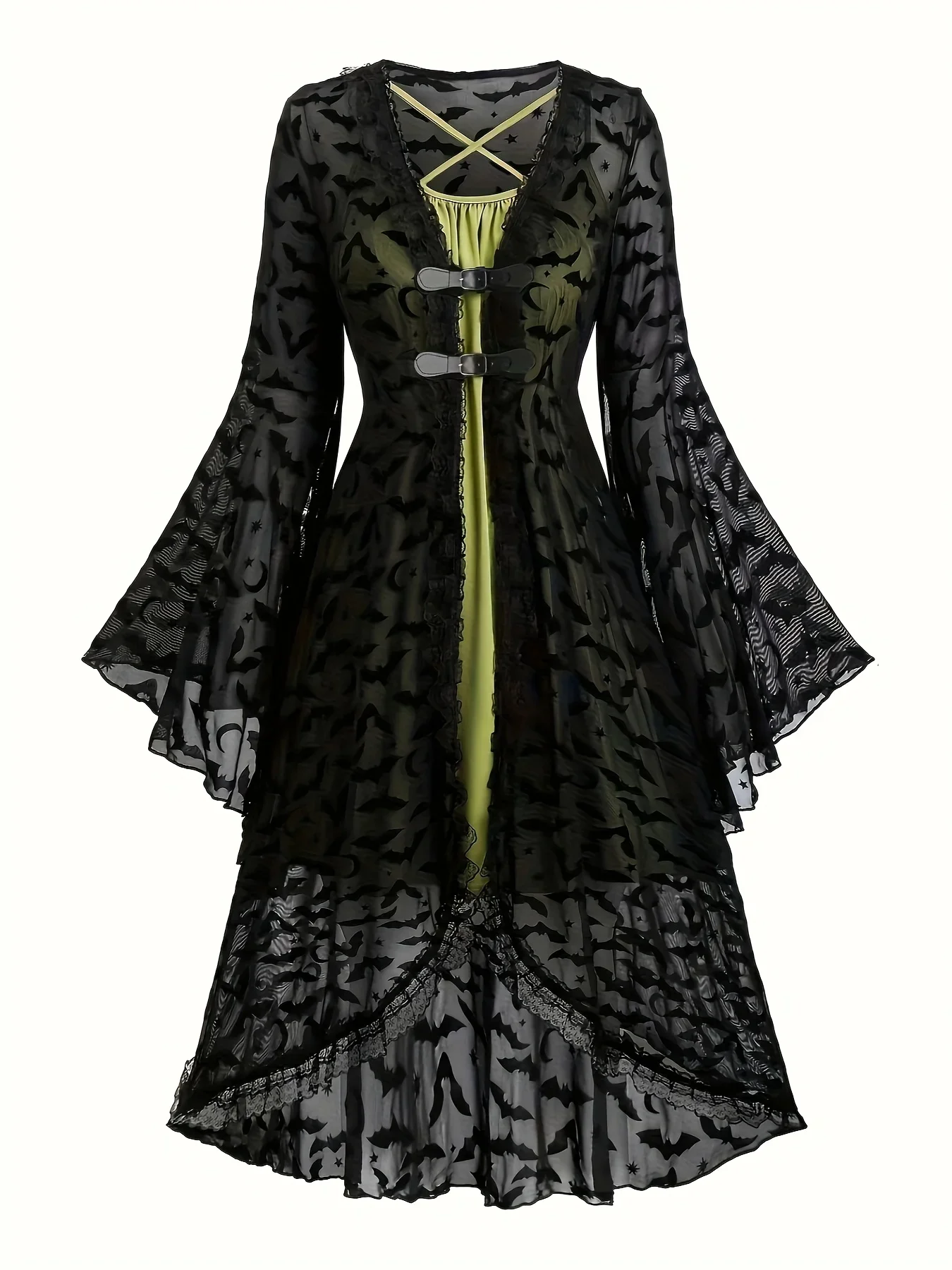 

Retro Gothic Bat Print Dress, Dark Style Flared Sleeve Asymmetrical Midi Dress, Halloween Witch Dress