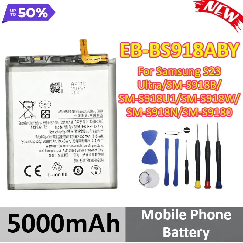 

EB-BS918ABY 5000mAh Mobile Phone Battery For Samsung S23Ultra/SM-S918B/SM-S918U1/SM-S918W/SM-S918N/SM-S9180 +Tools