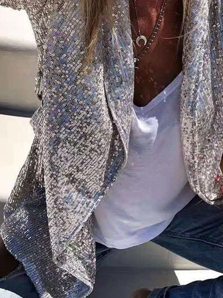 2023 Blazer da donna con paillettes elegante bavero da ufficio Blazer da donna Casual manica lunga moda sottile cappotto da donna autunno inverno