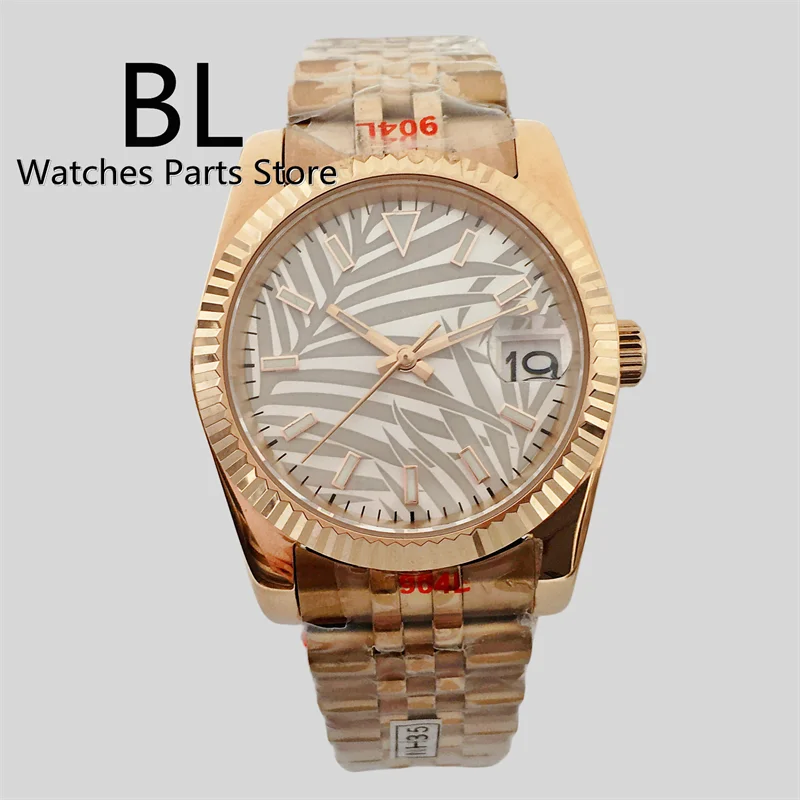 BLIGER Palm Leaf Dial Luxury Automatic Watch For Men NH35A Fluted Bezel Sapphire Crystal Rose Gold Jubilee Case Date Waterproof