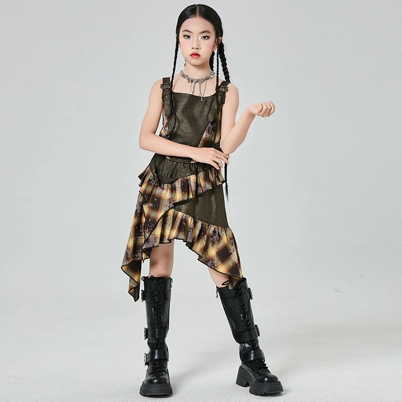 2025 ใหม่แจ๊สชุดเวทีสาวเสื้อผ้า Hip-Hop Dance เสื้อผ้า Punk Retro สไตล์ไม่สม่ําเสมอกระโปรงลายสก๊อต XH2794