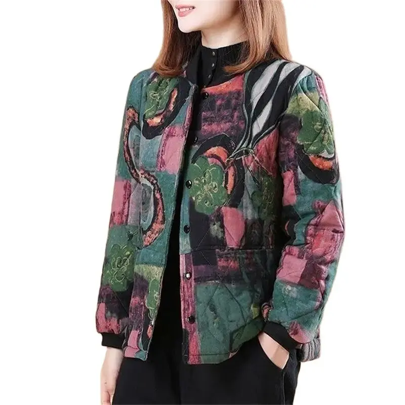 

2023 New Autumn Winter Women's Cotton-Padded Clothes Stand Collar Cotton Linen Printed Loose And Warm Jacket Casual Coat Female