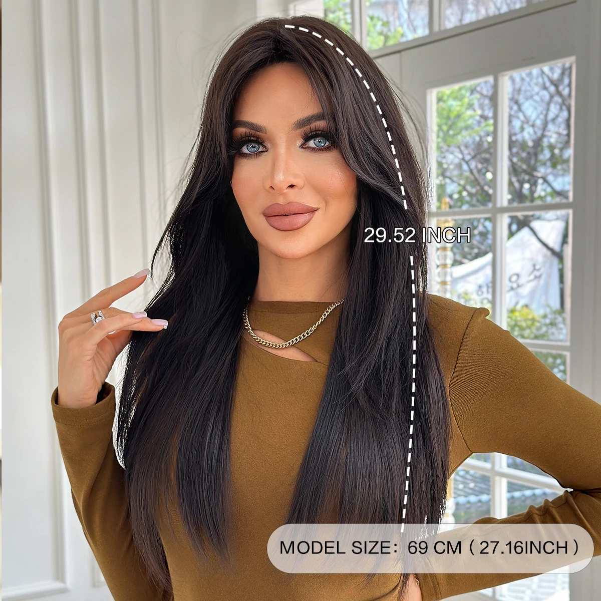 Long Straight Dark Brown Wig High Density Synthetic Middle Part Wigs with Curtain Bangs for Women Daily Party Use - view 3