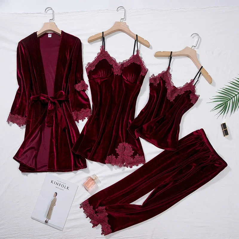 Pyjama en velours bordeaux imbibé pour femme, robe kimono, ensemble de chemise de nuit, peignoir en dentelle, vêtements de nuit pour femme, velours chaud, hiver, 4 pièces