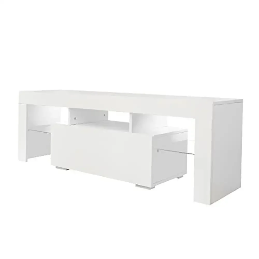 Soporte para TV, luces LED, cajón de almacenamiento, estante de vidrio, mesa consola de entretenimiento de 55 ", blanco, alto brillo, calidad moderna, fácil montaje