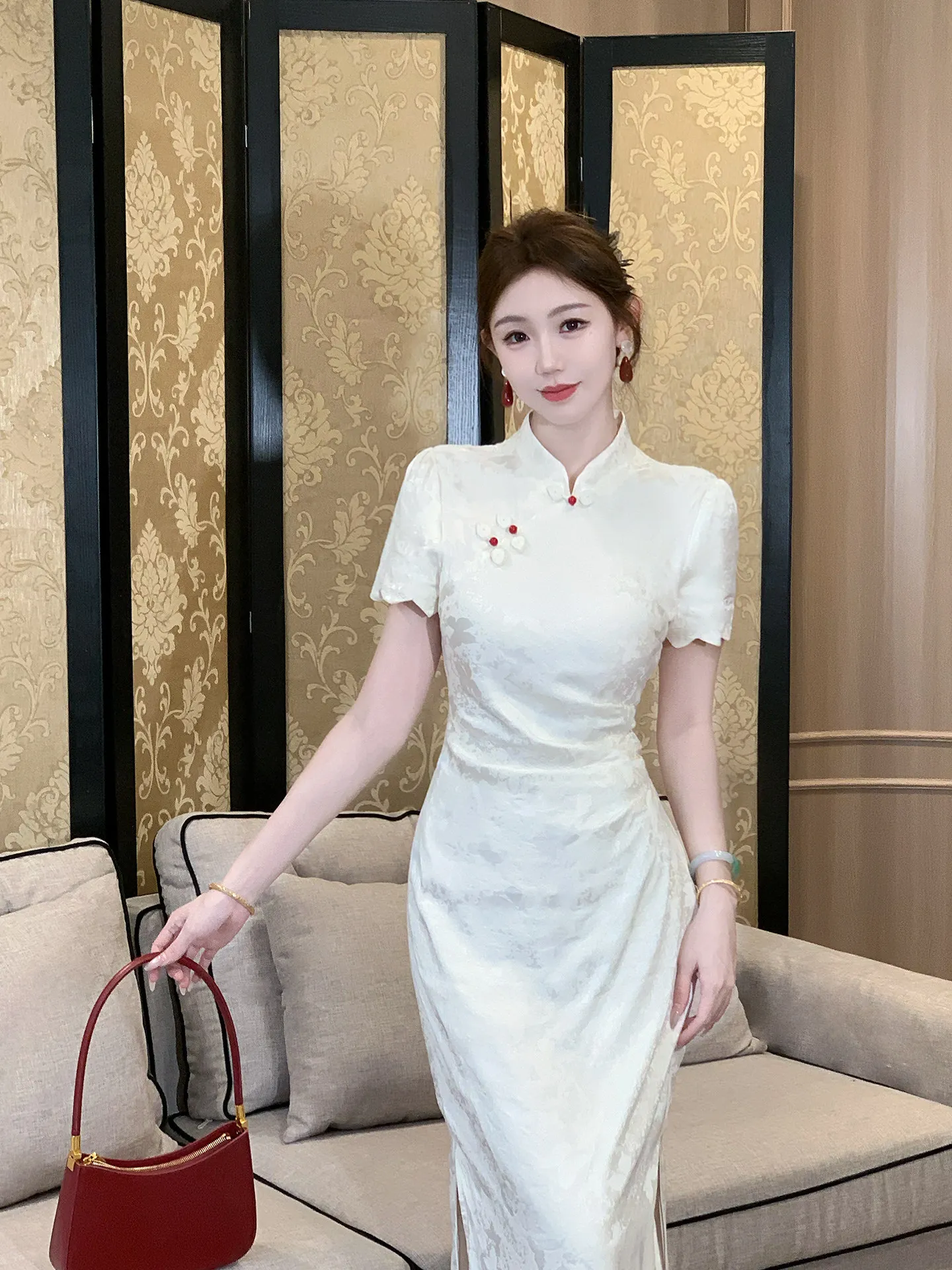 

Шелковое платье-ципао Lingan Zhihe в новом китайском стиле, женское летнее, из шелкового атласа, с воротником-стойкой, винтажное, длинное, размер S