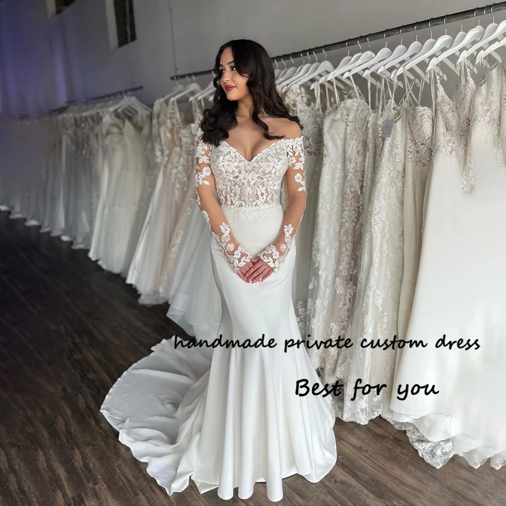 

Ivory Satin Mermaid Wedding Dresses Long Sleeve V Neck Bohemian Bride Dress with Train Beach Elopement Wedding Gowns Backless