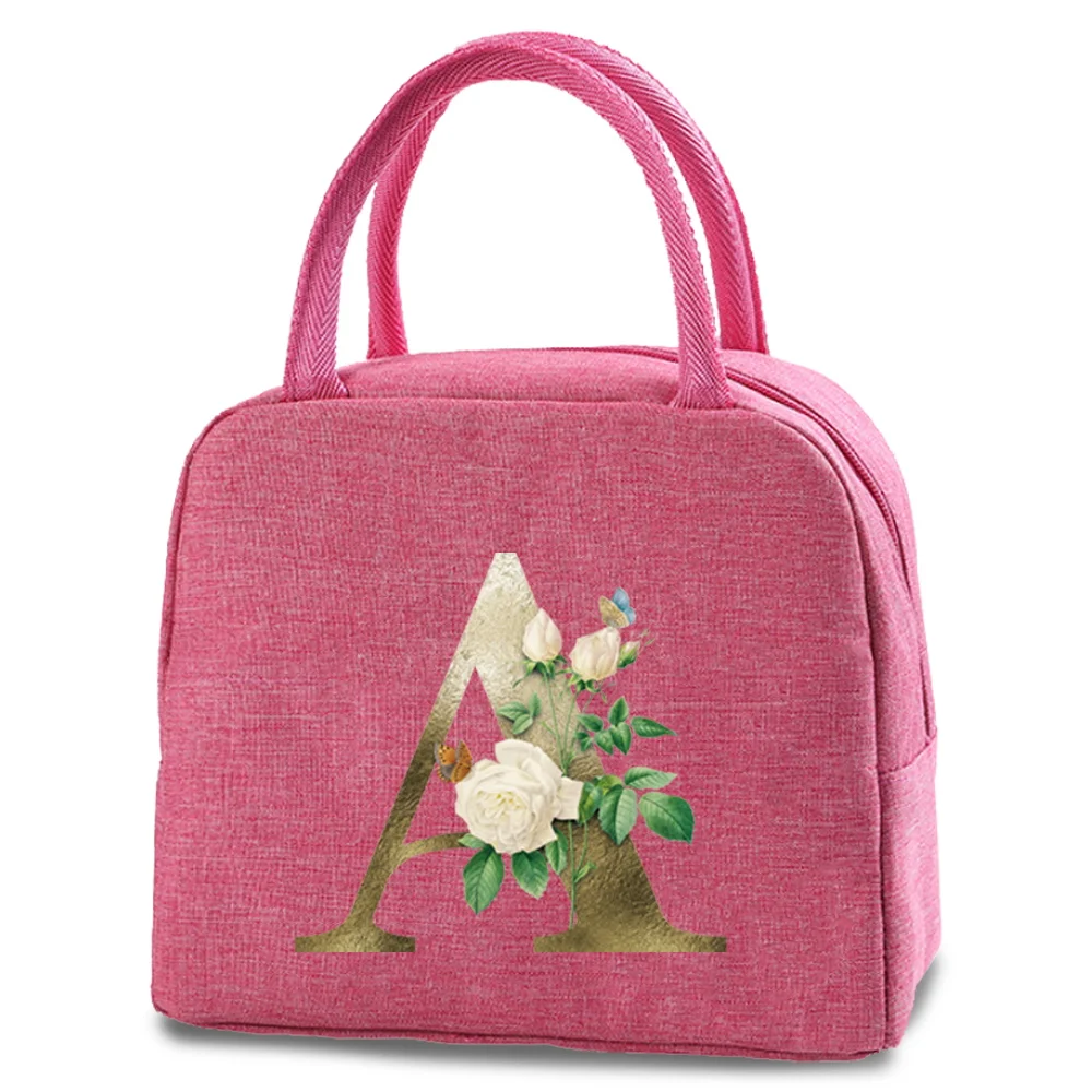 Thermal Lunch Dinner Bag Canvas Golden Flower Letter Print Handbag Picnic Travel School Child Convenient Lunch Bag Tote Food Bag