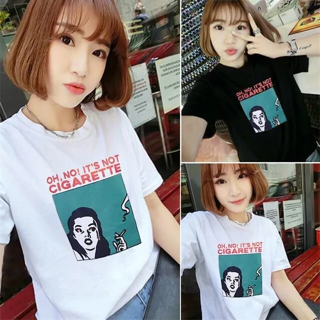 

White Loose ort Sve T-irt Women's Casual Simple Sle Summer New Korean Version Match All Students' Top Polyester