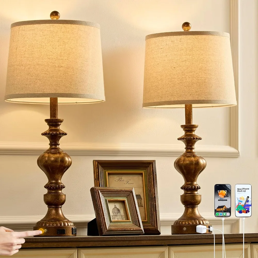 

27.5" Farmhouse Table Lamps Set of 2 Bedside Nightstand Lamp with USB C+A Ports & AC Outlet, 3 Way Dimmable Touch Lamps for Bedr