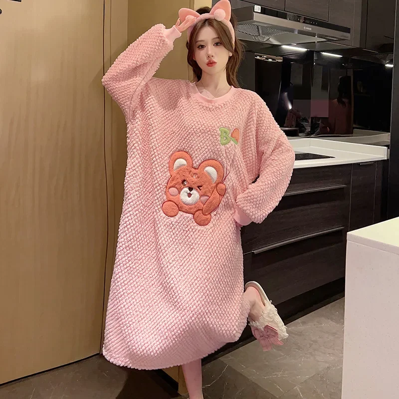 150kg 5XL Thicken Coral Fleece Nightgown Women Large Size Pajamas Autumn Winter Thickened Home Dress Sweet Cartoon Loungewear