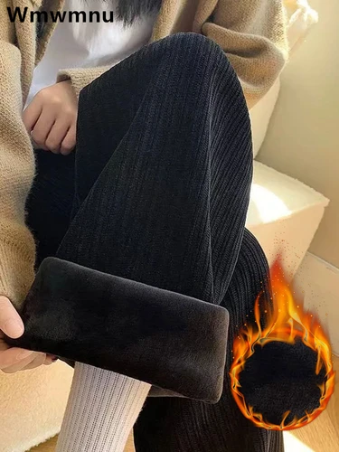 Pantalones rectos de felpa cálidos para mujer, Pantalones de pierna ancha de terciopelo gruesos de invierno, Pantalones holgados informales de cintura alta a la moda coreana