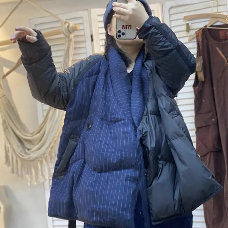 ヴィンテージシックなパッチワークレディースダウンジャケット軽量ダウンジャケット冬用ショートオーバーサイズダウンコート女性用パーカーカナダ風