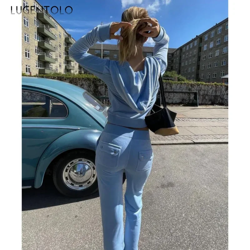 Women Hoodie Two-piece Set Y2k Velvet Zip Cardigan Jacket Multi-pocket Jogging Straight-leg Pants Fitness Sports Street Wear