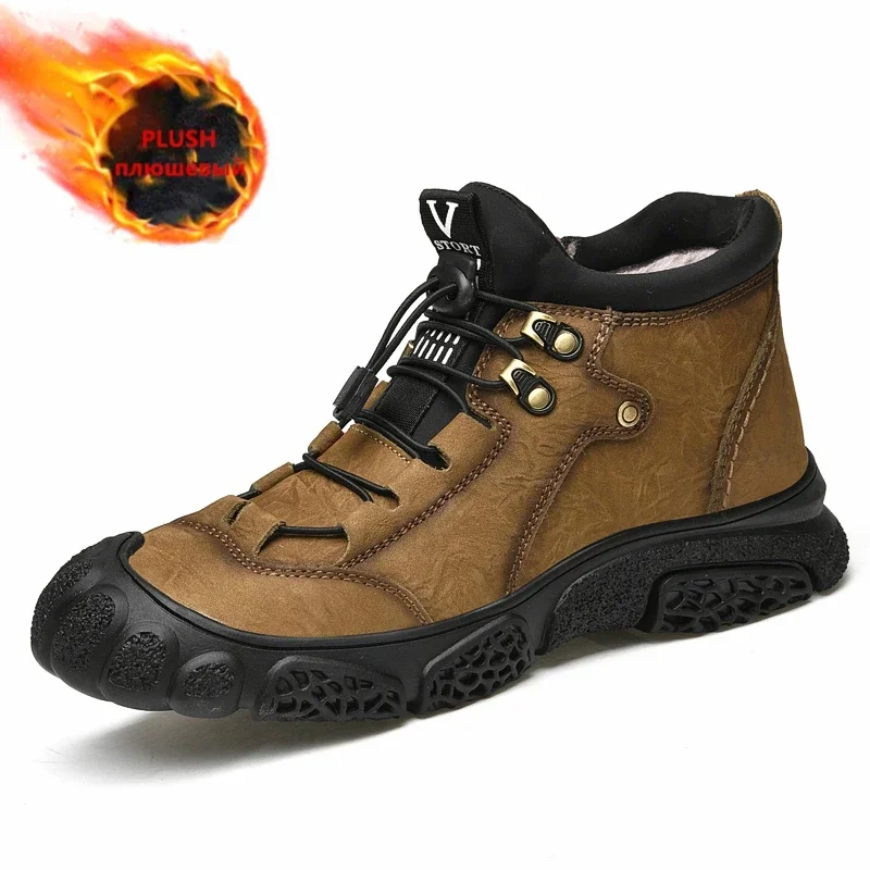 

Genuine Leather Winter Boots Men Waterproof Plush Warm Snow Ankle Boots Outdoor Non-slip Hiking Men's Shoes Four Seasons