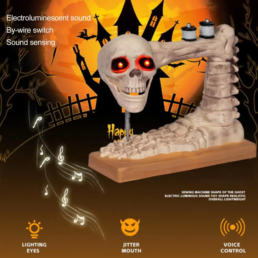 Festive Skull Sewing Machine Voice Controlled Skeleton Sewing Machine Figurine Halloween Desktop Decoration for Craft Lovers