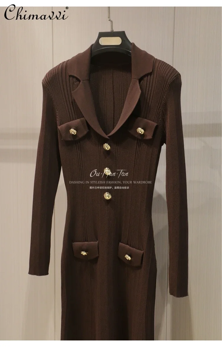 High-end Fashion Hip-wrapped Knitted Dress Spring New Golden Buckle Suit Collar Slim Luxury Elegant Long Fish Tail Dress Women