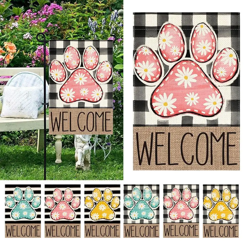 Bienvenido al jardín de primavera, Bandera de doble cara, suministros de pata con estampado lindo, decoración de patio al aire libre del hogar, decoración de temporada W9g4