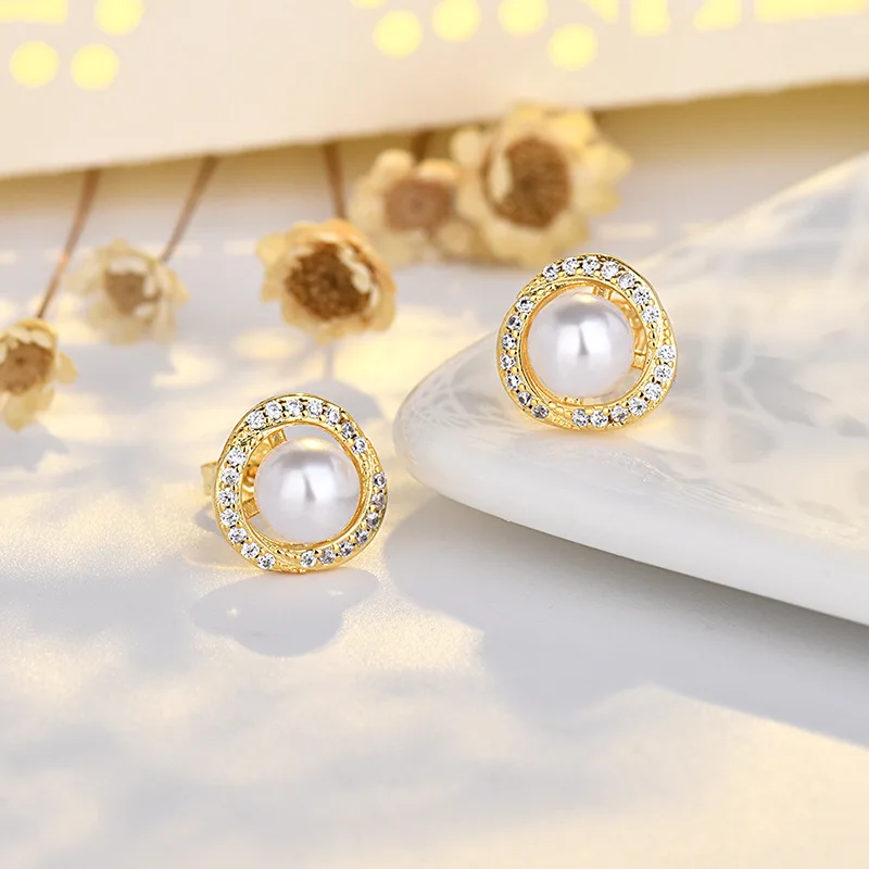 Upscale 14k Gold Jewelry Real Gold  Earrings Zircon Pearl Twist Luxury Stud Earrings for Women Brincos Pendientes Bijoux