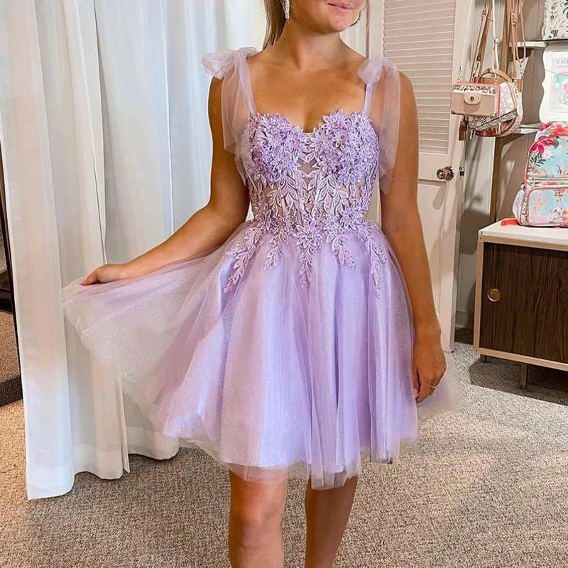 

Lilac Homecoming Dresses for Girls Spaghetti Zipper Closure A Line Tulle Short Prom Birthday Party Dress Matric Dance Gowns