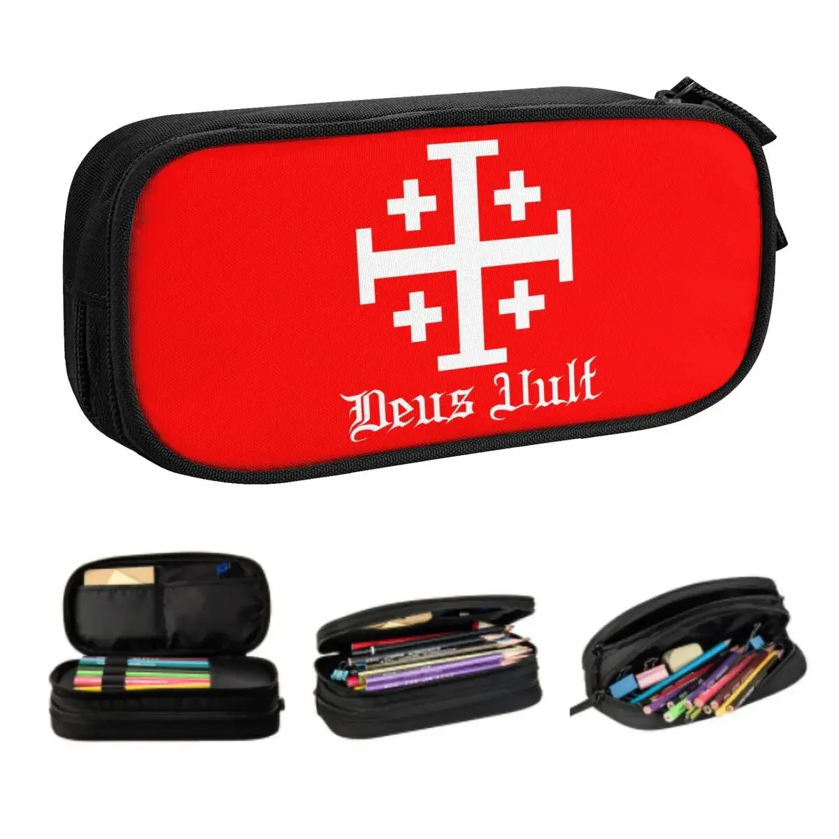 Cute Custom Medieval Vult Cross Pencil Cases for Boys Gilrs Knights Templar Cross Seal Large Storage Pen Box Bag Stationery