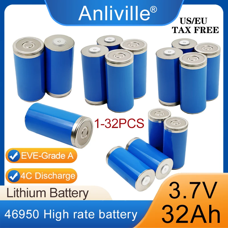 

Grade A 3.7V 46950 32Ah Lithium Rechargeable Battery 10C 320A discharge DIY 12v 24v Automotive Ignition Energy solar Inverter RV