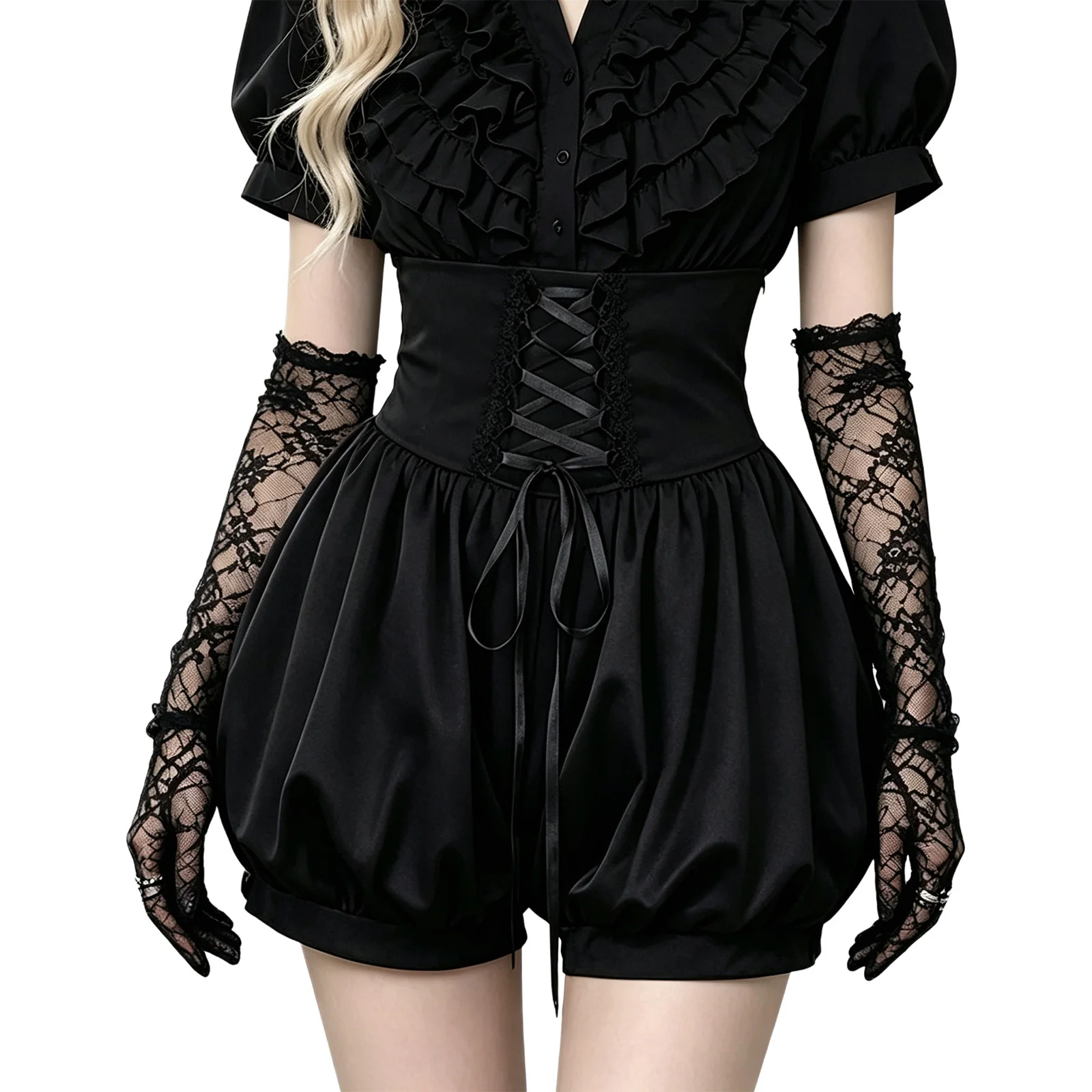Women Gothic Punk Bloomers High Waist Lace Up Ruffled Pumpkin Shorts Daily Wear Halloween Medieval Victorian Cosplay Costume