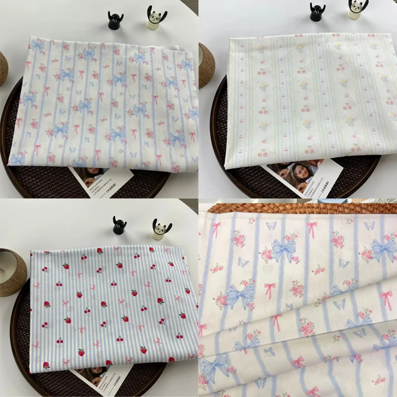 0.5m Pure Cotton Floral Stripe Fabric Cherry Bowknot Print Cloth For Doll Clothes Pillow Tablecloth DIY Handmade Sewing Material