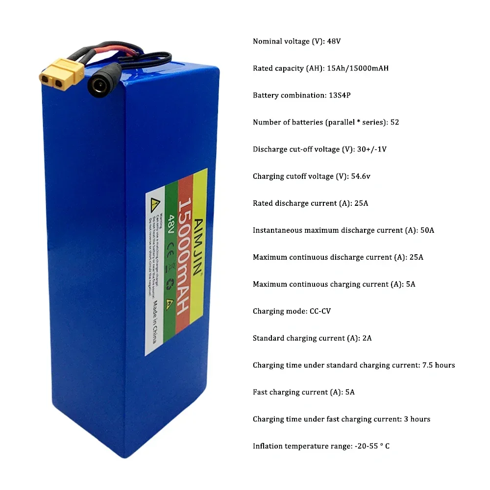 Batterie au lithium pour vélo électrique, 48V, 15000mAh, 18650, 13S4P, 500W, pour scooter électrique, compte 60 + T