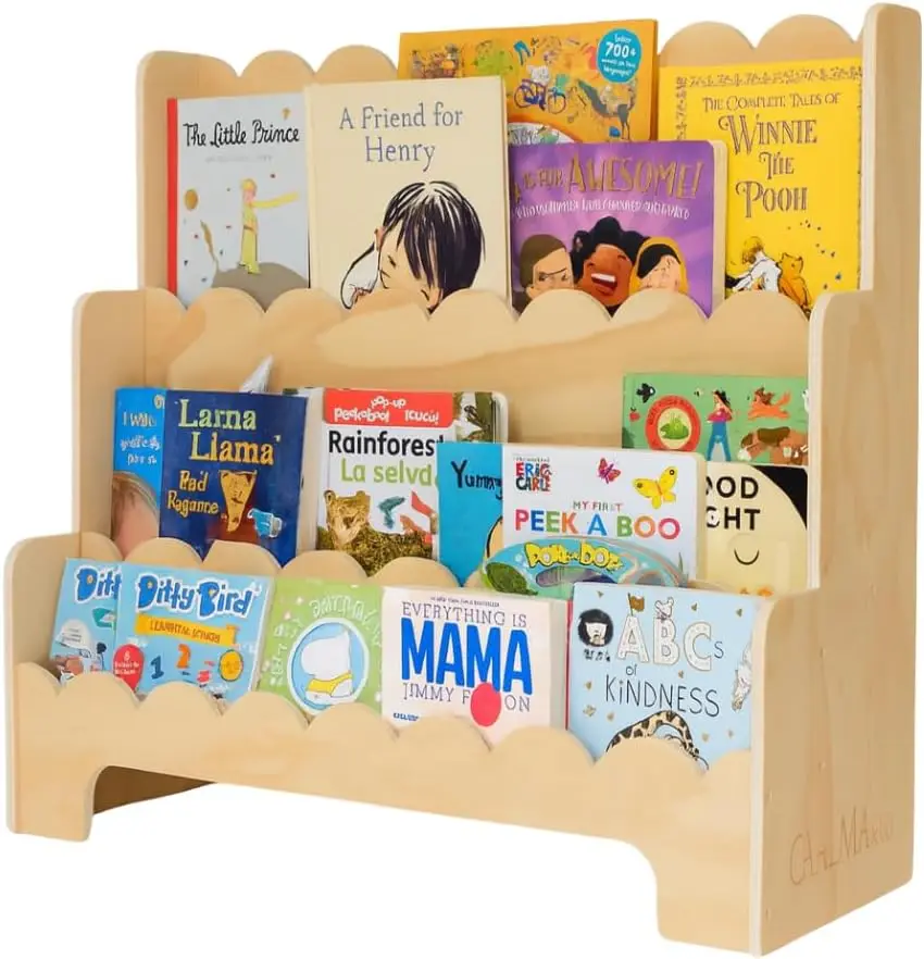 

Деревянная книжная полка премиум-класса с зубцами для детей — 3-х уровневый дизайн Монтессори, компактный размер для детской или классной комнаты