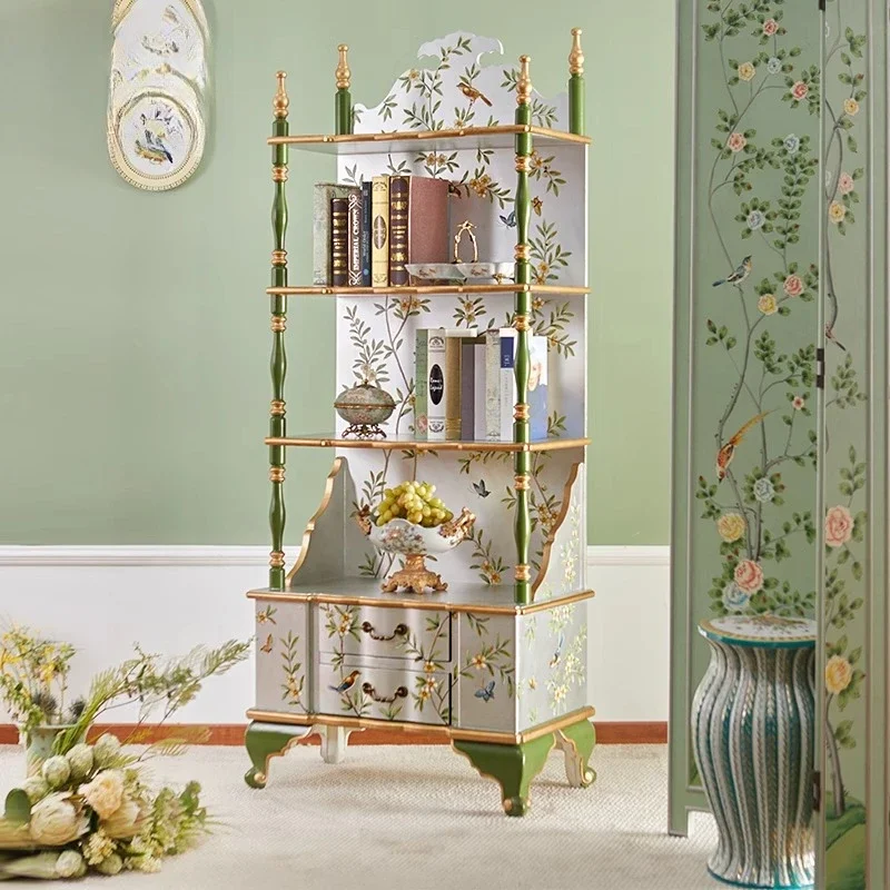 Chinese style bookshelf solid wood hand-painted display case retro storage shelf classical display shelf silver