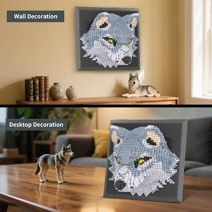 Assembly Wolf Mini Bricks Animal 3D Wall Art Micro Building Blocks Set for Adults Unique Home Wall Decor or Table Display