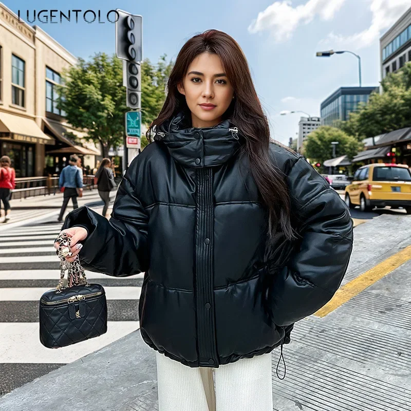 Women Hooded Parkas Fall/Winter 2024 New Wash-Free PU Windproof Coat Fashion Thickened Warm Down Cotton Cropped Party Jacket