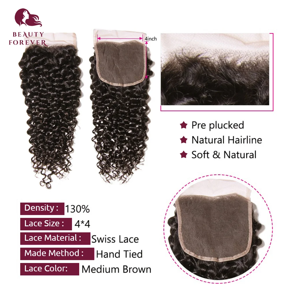 Beauty Forever Curly Malaysian Lace Closure Virgin Hair Free Part 4X4 Lace Closure 100% Human Hair 10-20inch Free Shipping