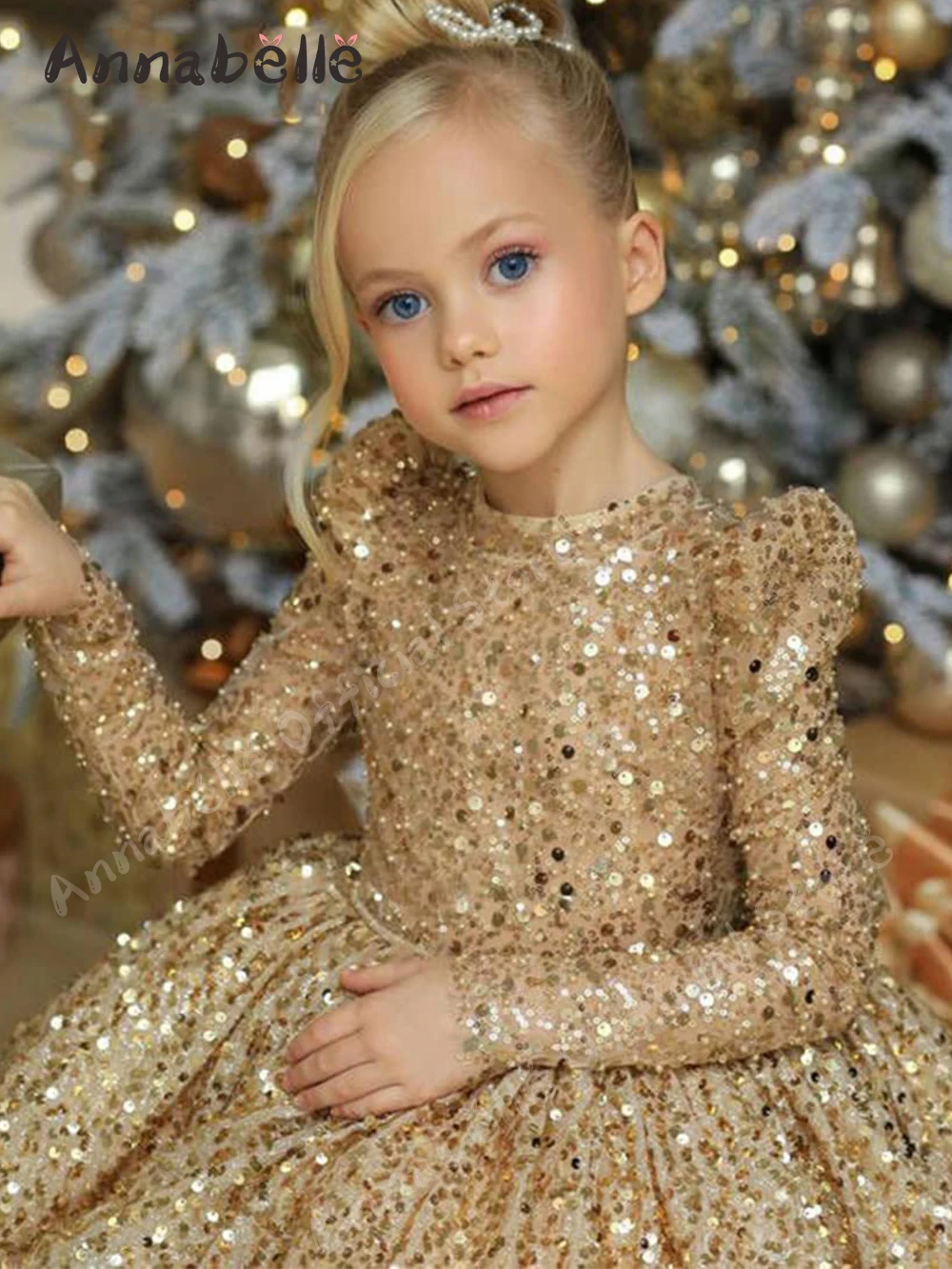 Annabelle Dress for Girl Sequins Long Sleeve Kids Birthday Party Gown Puffy Flower Girl Dresses for Weddings Kids