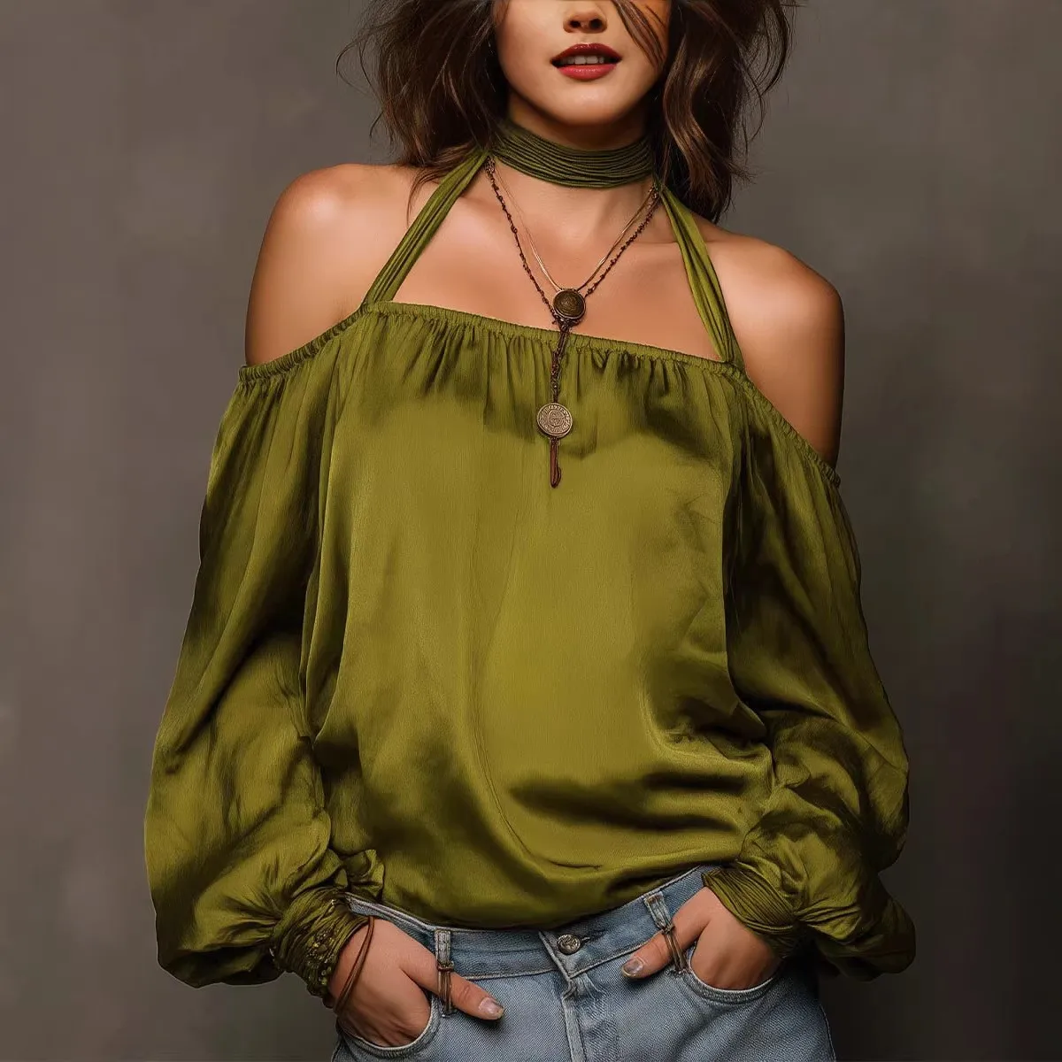 Off Shoulder Crew Neck Top Regular Length Streetwear with Long Sleeve Shirts Long Sleeve Loose Fit Off Shoulder Blouse Women Top