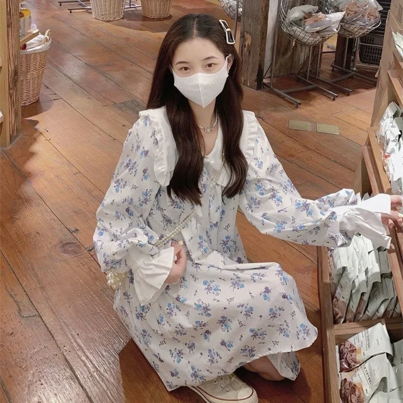 Kleider Frauen Floral Peter Pan Kragen Süße Reizende Frühling Rüschen Lose Langarm Herbst Koreanischen Stil A-line Kleid Neue