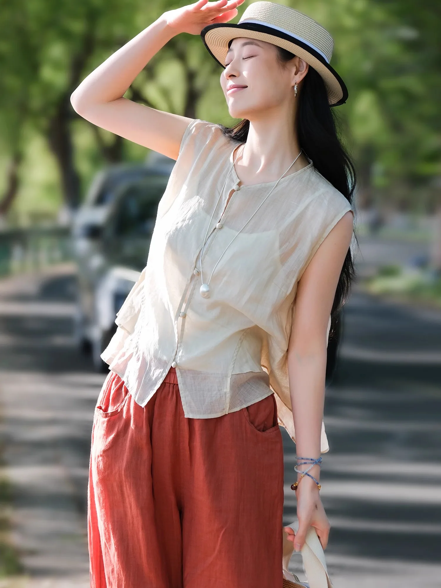 

Comfortable Breathable Women's Svel irt 00% Flax Double Layer Hem Versatile Vest round Ne Casual Summer Top