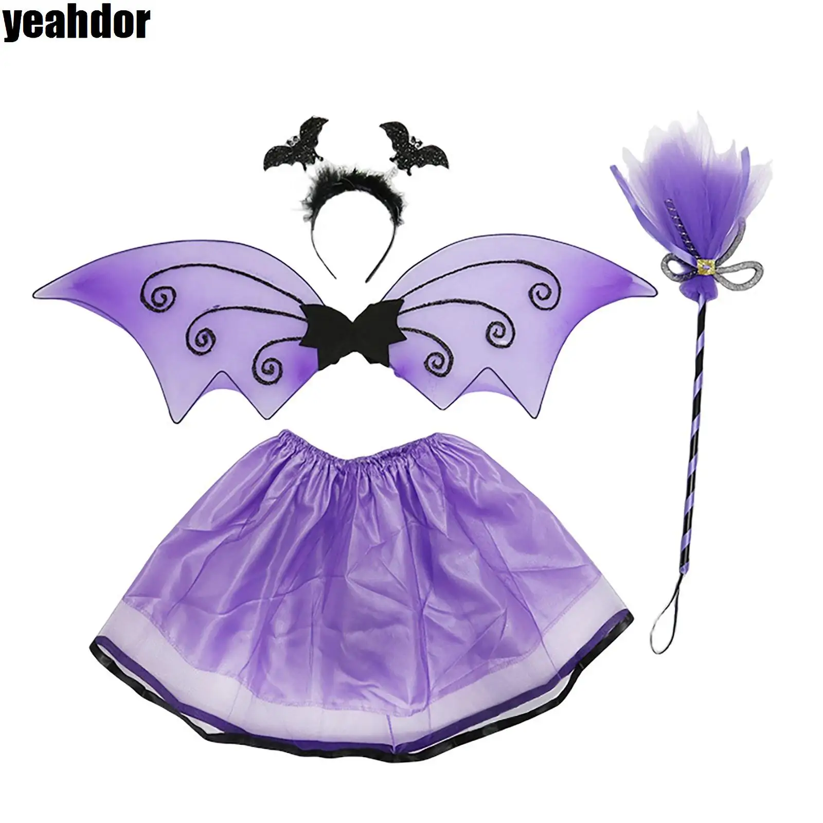 4Pcs Girl Halloween Bat Elf Cosplay Costume Short Skirt with Bat Wings Head Hoop Mesh Broom Set Dress Up Party Costume