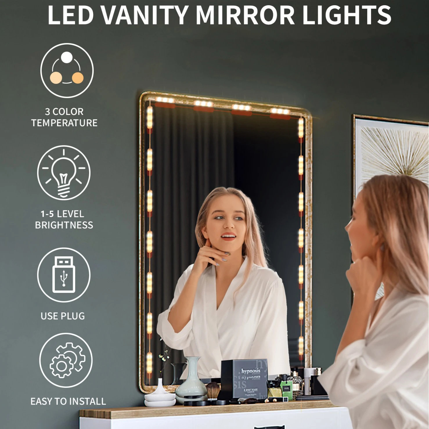 

LED Vanity Mirror Lights USB Dresser Light Bar Dressing Table Strip Makeup Lamp Waterproof for Bathroom Decoration