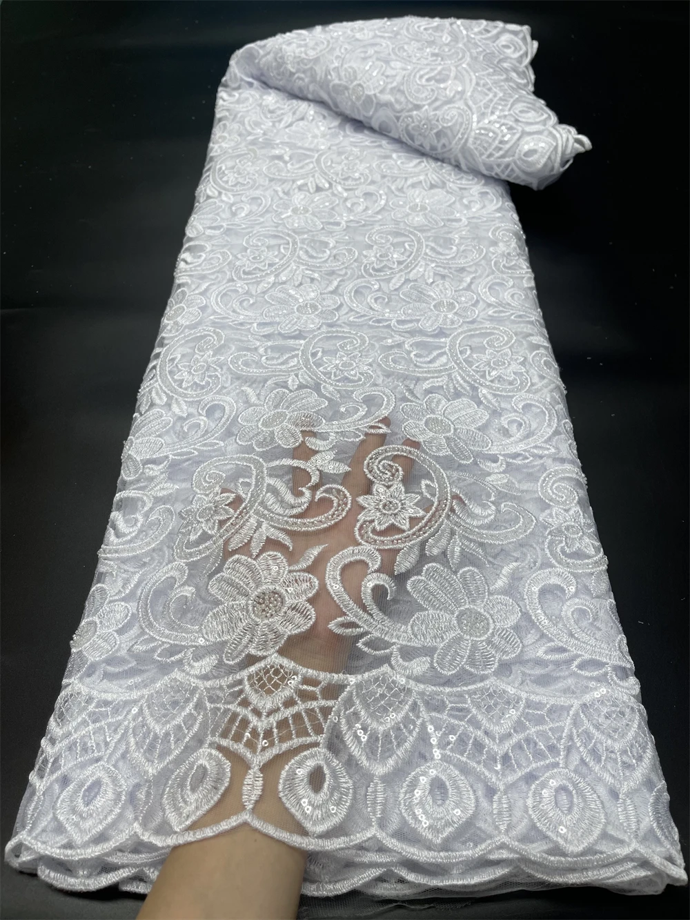 2024High Quality African Nigerian Lace Fabric Embroidery Tulle Pure Wedding Party Dress Guipure SequinsFor Sewing Beads 5yards