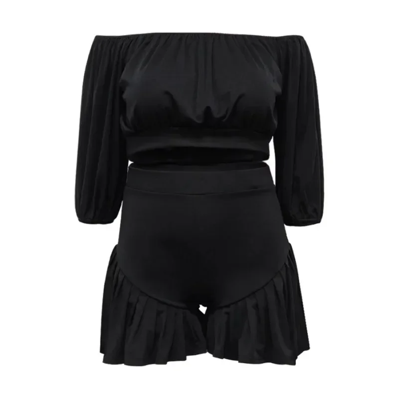 PLUS ขนาดผู้หญิงชุดแขนยาว Slash คอเสื้อยืดและกางเกงขาสั้น 2025 ฤดูร้อน Ruched 2 ชิ้นชุด tracksuit