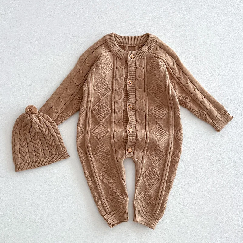 2024 New Autumn Baby Clothing Infant Baby Girls Boys Knitted Jumpsuit Long Sleeved Solid Color Toddler Baby Knitted Romper+Hat