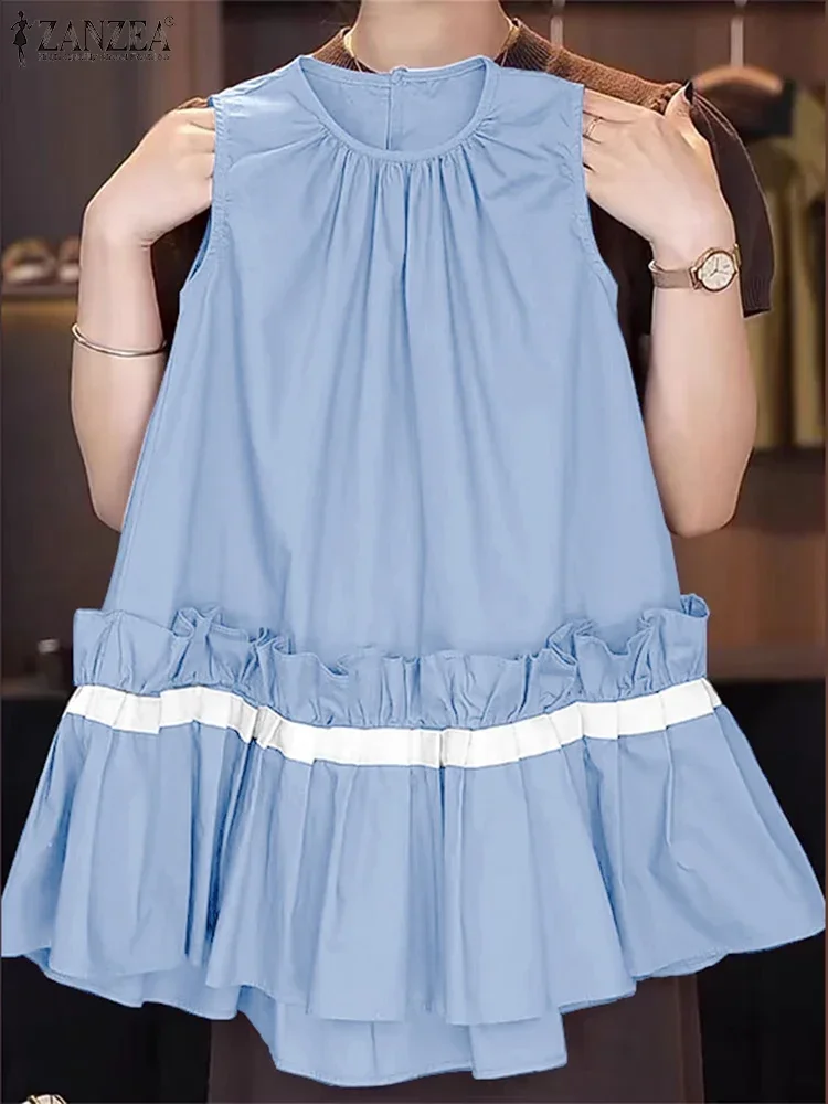 ZANZEA été sans manches Robe débardeur mode volants couture plissée Robe 2025 col rond Mini Robe décontracté coréen Sweety Robe d'été