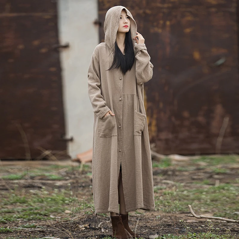 

NINI WONDERLAND Autumn Winter Cotton Hooded Trench Coats Casual 2023 Women Single Breasted Loose Coat Robe Female Long Outerwear